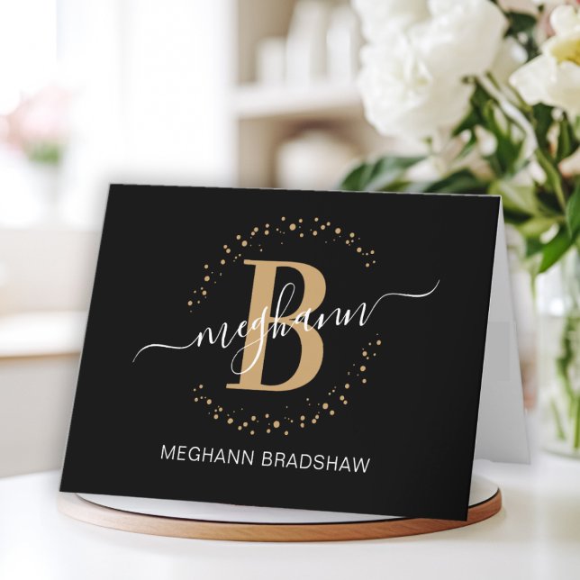 Tarjeta De Agradecimiento Moda Girly Moderno Black Gold Name Script Monogram (Subido por el creador)