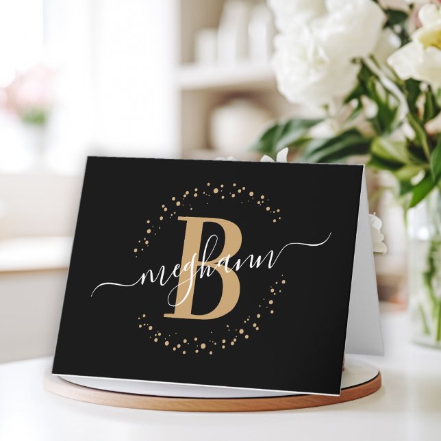 Tarjeta De Agradecimiento Moda Girly Moderno Black Gold Name Script Monogram (Subido por el creador)