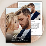 Tarjeta De Agradecimiento Moda Gracias Script 2 Boda de fotos Gracias Tarjet<br><div class="desc">Moda moderna Boho Calligraphy Script Boda 2 Foto Tarjeta De agradecimiento. Elegante plantilla de boda de agradecimiento con una foto vertical completa en la parte delantera con el texto "Gracias" en un caprichoso guion tipográfico con letras a mano rápida tipo de letra cruz tipo cruz con sobrecubrimiento blanco en la...</div>