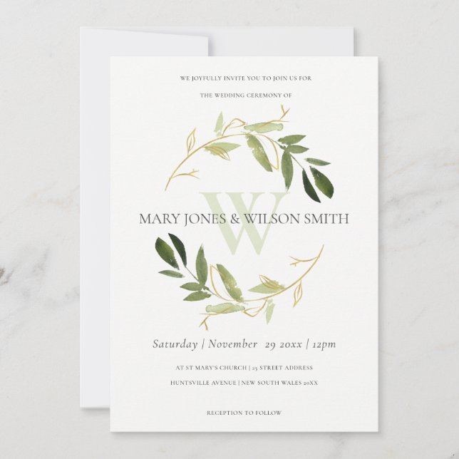 TARJETA DE AGRADECIMIENTO MODA GREEN FAUX GOLD FOLIAGE WREATH WEDDING INVITE (Anverso)