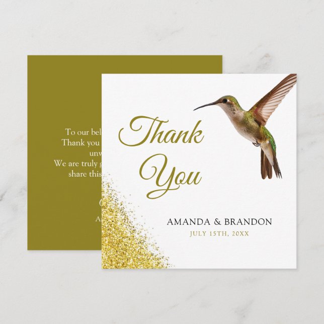 Tarjeta De Agradecimiento Moda Green Hummingbird y Gold Dust Boda (Anverso / Reverso)
