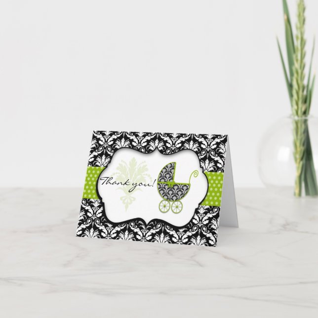 Tarjeta De Agradecimiento Moda Green Polka Dot Damask Baby Shower Gracias (Anverso)