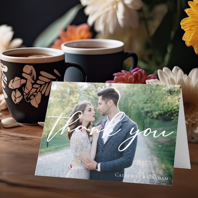 Tarjeta De Agradecimiento Moda Guión Blanco Sobreposición Boda Foto Gracias (Subido por el creador)