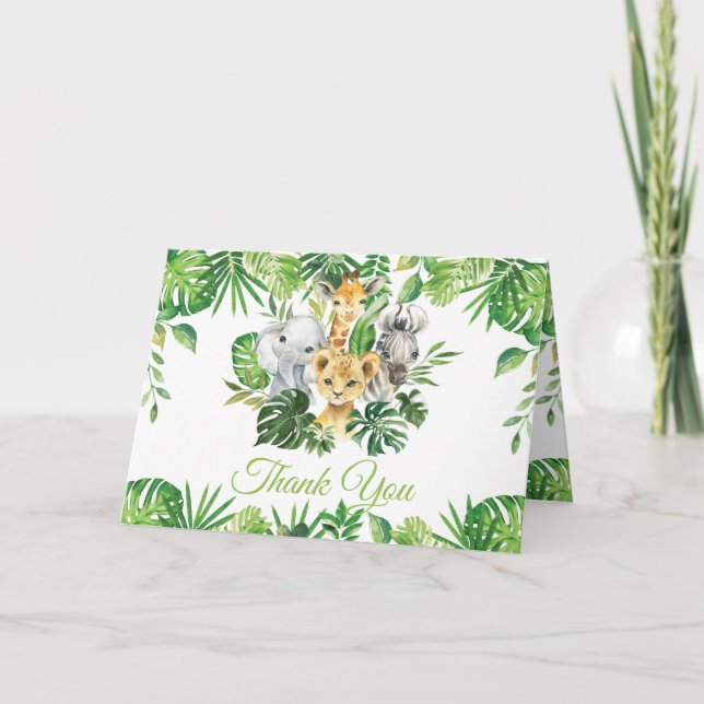 Tarjeta De Agradecimiento Moda Jungle Animales Greenery Cumpleaños Baby Show (Anverso)