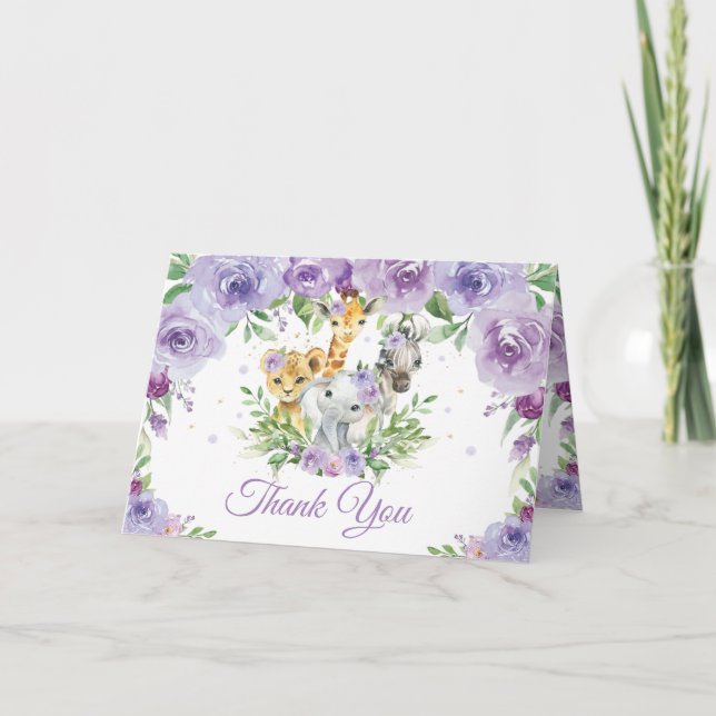 Tarjeta De Agradecimiento Moda Jungle Animals Purple Floral Baby Shower (Anverso)
