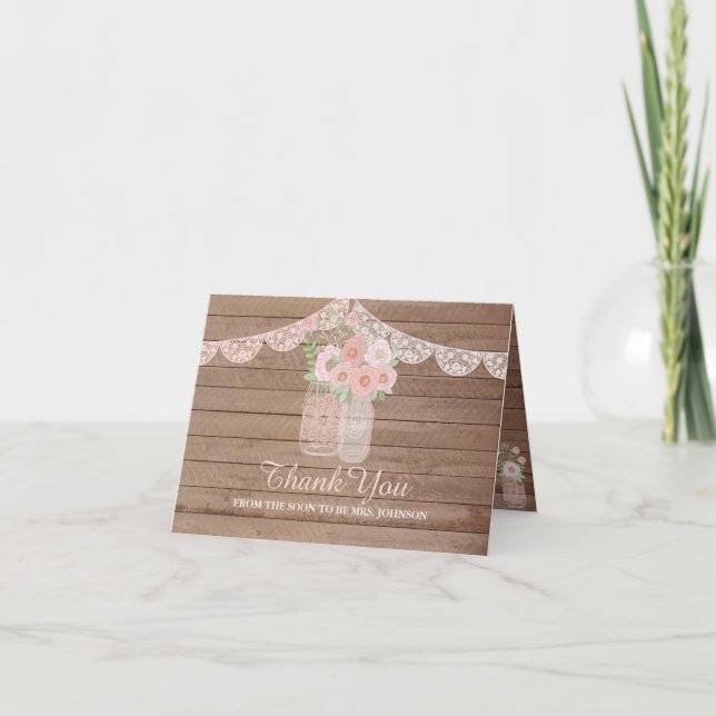 Tarjeta De Agradecimiento Moda Lace Mason Jar & Wood Bridal Shower (Anverso)