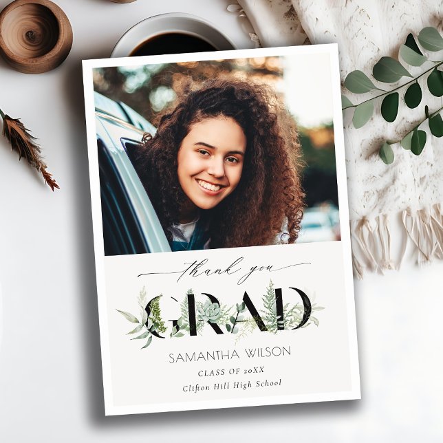 Tarjeta De Agradecimiento Moda Leafy Fern Suculent Foliage Photo Graduation (Subido por el creador)