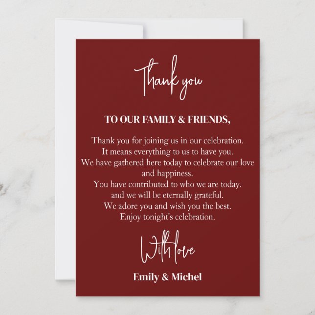 Tarjeta De Agradecimiento Moda Maroon Siena Boda Mesa de recepción (Anverso)