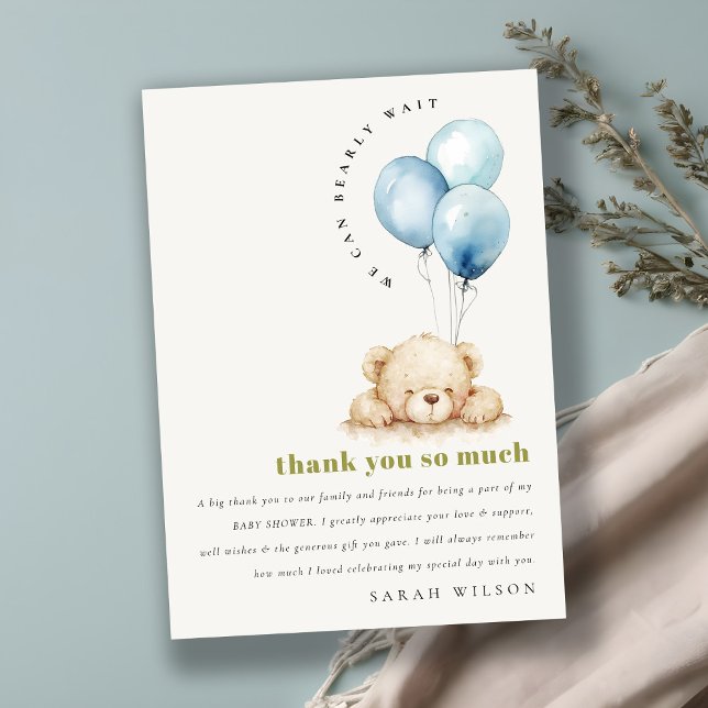 Tarjeta De Agradecimiento Moda mínima Blue Bearly Wait Balloon Baby Shower (Subido por el creador)