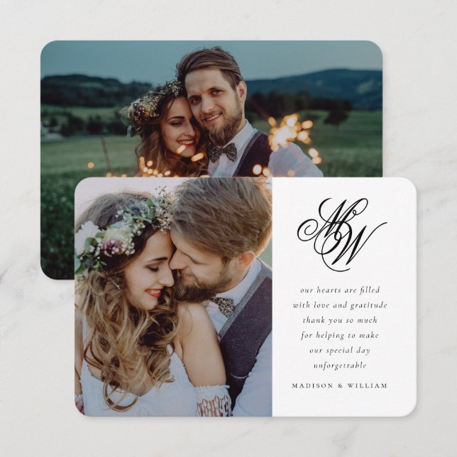 Tarjeta De Agradecimiento Moda mínima Monograma 2 Boda fotográfico (Anverso / Reverso)