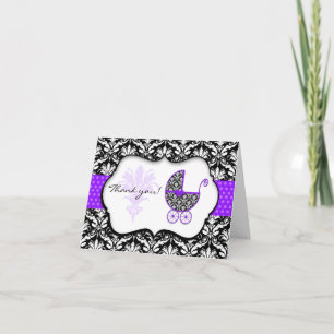 Tarjeta De Agradecimiento Moda Morple Polka Dot Damask Baby Shower Gracias