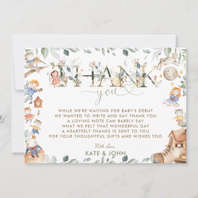 Tarjeta De Agradecimiento Moda Nursery Rhyme Greenery Baby Shower Boy Chica (Anverso)