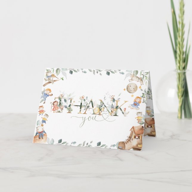 Tarjeta De Agradecimiento Moda Nursery Rhyme Greenery Baby Shower Cumpleaños (Anverso)