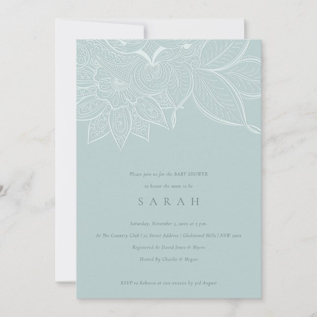 Tarjeta De Agradecimiento Moda Ornate Paisley Dusky Blue Baby Shower Invitar (Anverso)