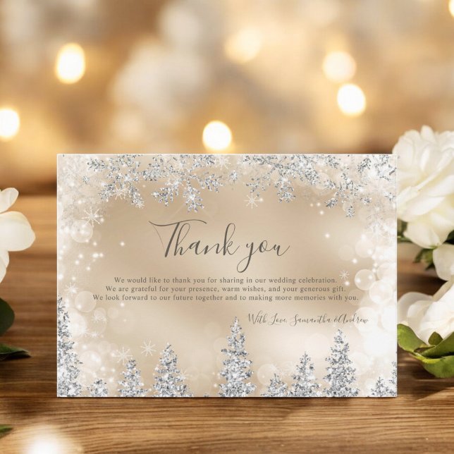 Tarjeta De Agradecimiento Moda oro boda de pino de plata de invierno (Chic gold Winter silver snow pine wedding Thank You Card)
