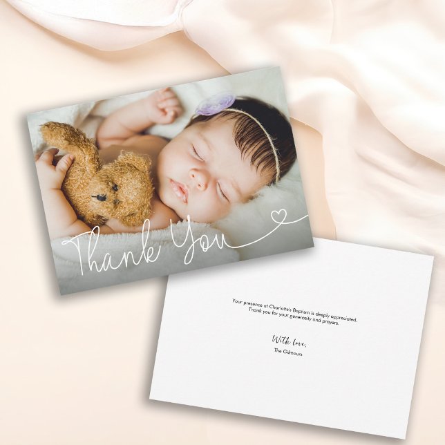 Tarjeta De Agradecimiento Moda Personalizable religioso moderno foto de baut (Customizable baby photo thank you heart script baptism card.)