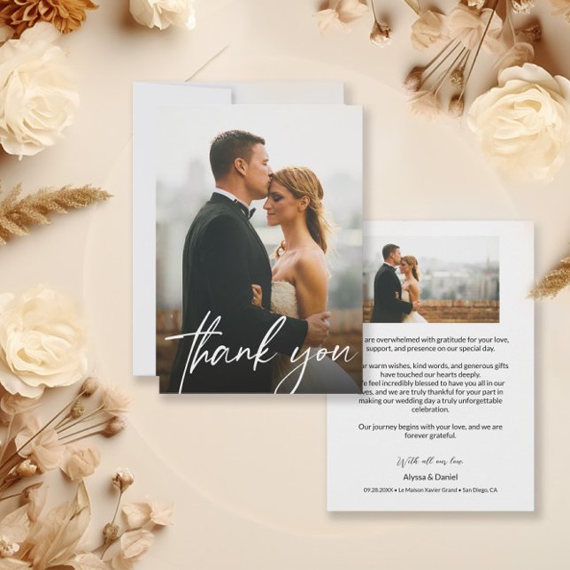 Tarjeta De Agradecimiento Moda Personalizado moderno 2 fotos Bodas (2 photos wedding thank you with personal message)