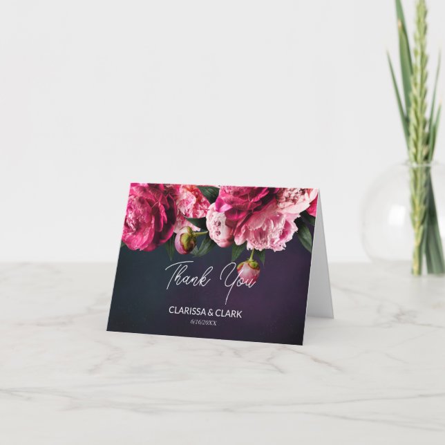 Tarjeta De Agradecimiento Moda Pink Peony Parejas Nombre y Boda de citas (Anverso)