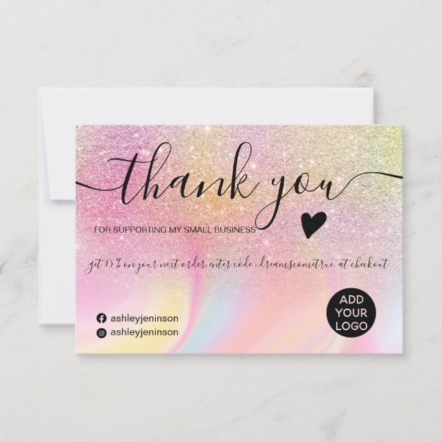 Tarjeta De Agradecimiento Moda purpurina arco iris mármol unicornio gracias (Anverso)