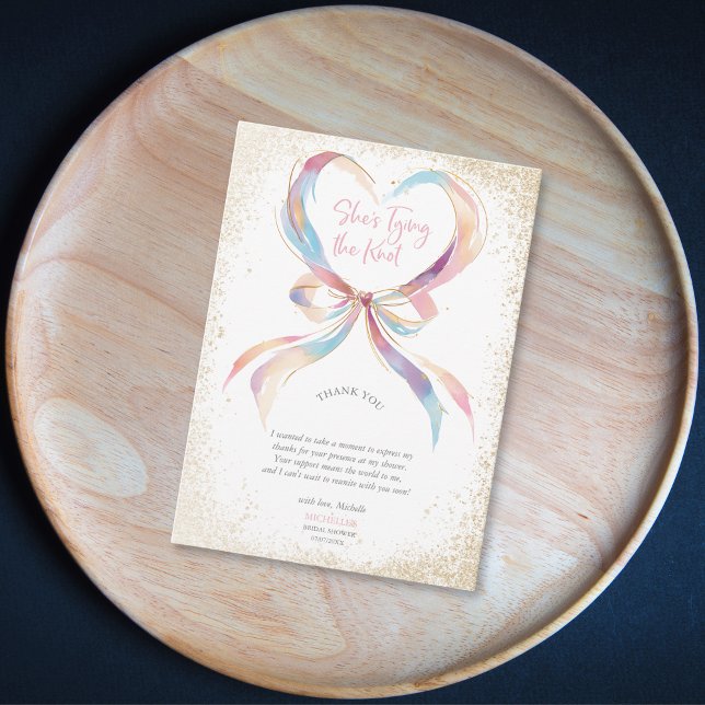 Tarjeta De Agradecimiento Moda que está atando el cerco rosado gracias (pastel color bow ribbon in the heart shape)