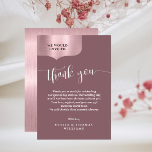Tarjeta De Agradecimiento Moda Rosa metálico Boda de guión dorado