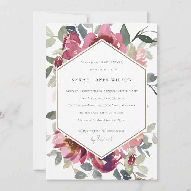 TARJETA DE AGRADECIMIENTO MODA RUBOR BURGUNDY ROSA FLORAL BABY SHOWER INVITE (Anverso)