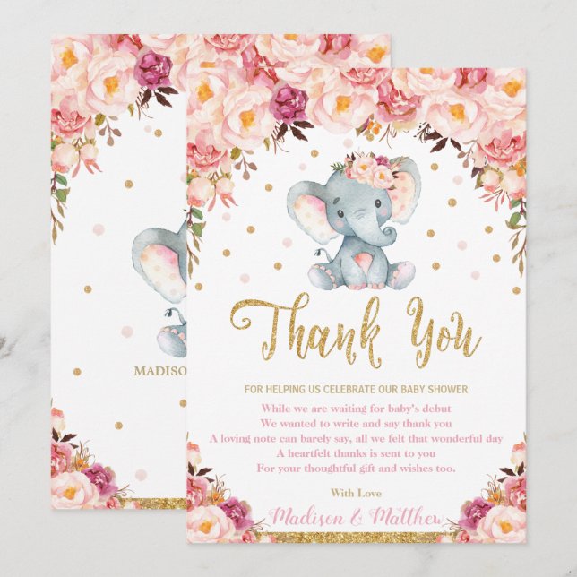 Tarjeta De Agradecimiento Moda Rubor Floral Elephant Baby Shower Cumpleaños (Anverso / Reverso)