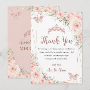 Tarjeta De Agradecimiento Moda Rubor Floral Rosa Mariposa de Oro Quinceañera