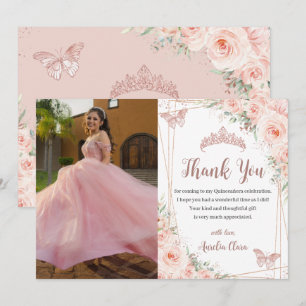 Tarjeta De Agradecimiento Moda Rubor Floral Rosa Mariposa de Oro Quinceañera