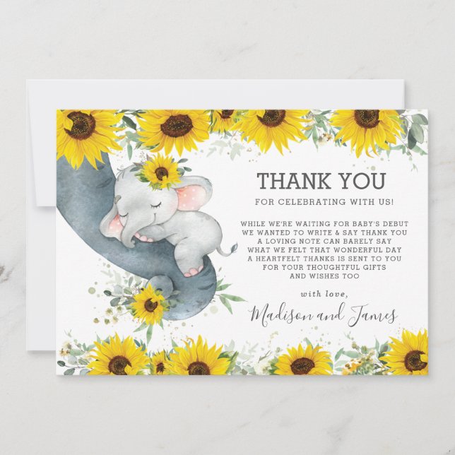 Tarjeta De Agradecimiento Moda rusa Elefante de girasol Chica Baby Shower (Anverso)