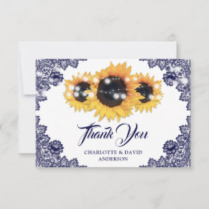 Tarjeta De Agradecimiento Moda Rustica Azul Marina Boda de girasol