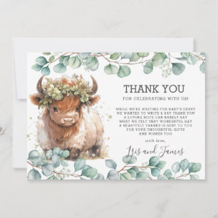 Tarjeta De Agradecimiento Moda rústica vegetación Highland Cow Baby Shower