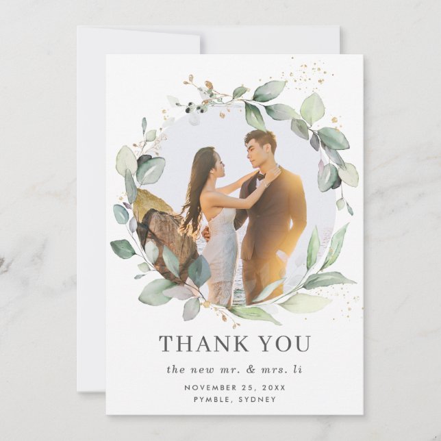 Tarjeta De Agradecimiento Moda Rústica Verdor Wreath Leafy Boda de fotos (Anverso)