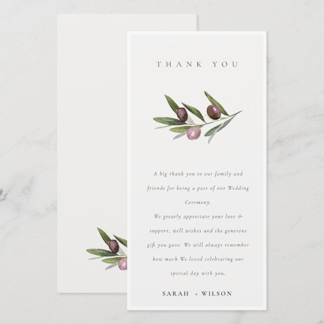 Tarjeta De Agradecimiento Moda Rústico Boda de follaje de rama mínima de oli (Anverso / Reverso)