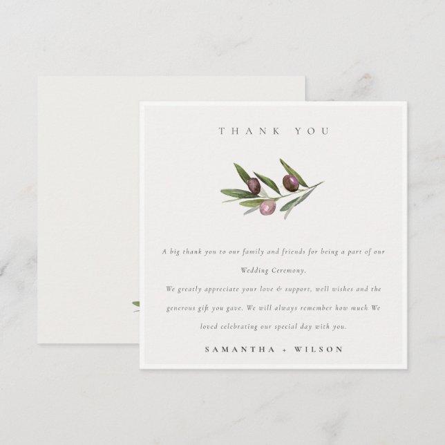 Tarjeta De Agradecimiento Moda Rústico Boda de follaje de rama mínima de oli (Anverso / Reverso)