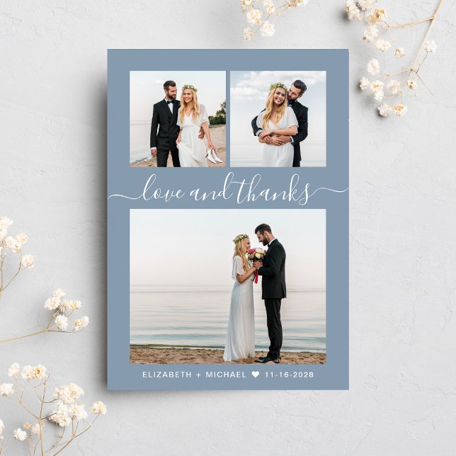 Tarjeta De Agradecimiento Moda Script Collage de fotos Dusty Blue Boda (Celebrate your love story with a thank you card showcasing your favorite wedding day photos)