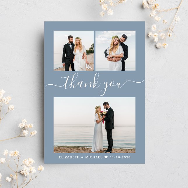 Tarjeta De Agradecimiento Moda Script Collage de fotos Dusty Blue Boda (Celebrate your love story with a thank you card showcasing your favorite wedding day photos)