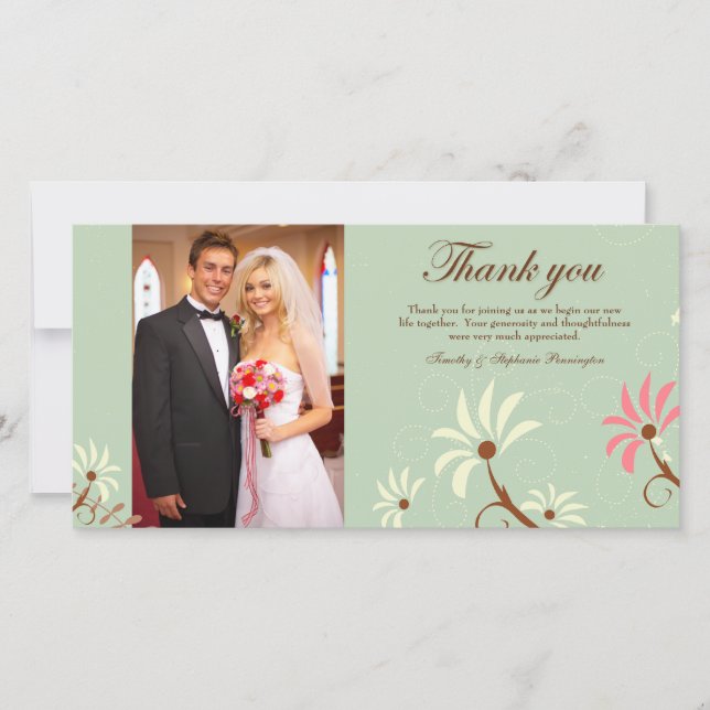 Tarjeta De Agradecimiento Moda suave verde azulado + crema floral boda graci (Anverso)