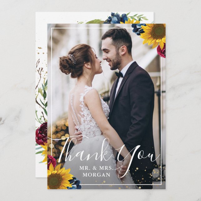 Tarjeta De Agradecimiento Moda Sunflower Burgundy Marina Floral Azul foto (Anverso / Reverso)