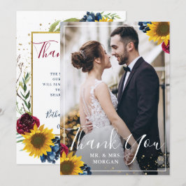 Tarjeta De Agradecimiento Moda Sunflower Burgundy Marina Floral Azul foto