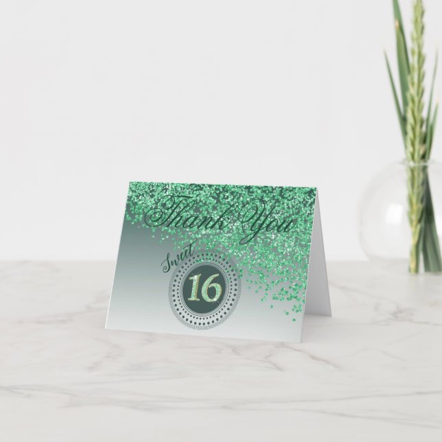 Tarjeta De Agradecimiento Moda Sweet 16 Green Purpurina Gracias (Anverso)