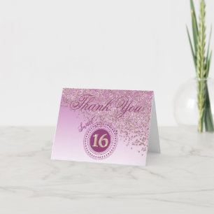 Tarjeta De Agradecimiento Moda Sweet 16 Rosa Purpurina de Oro Gracias