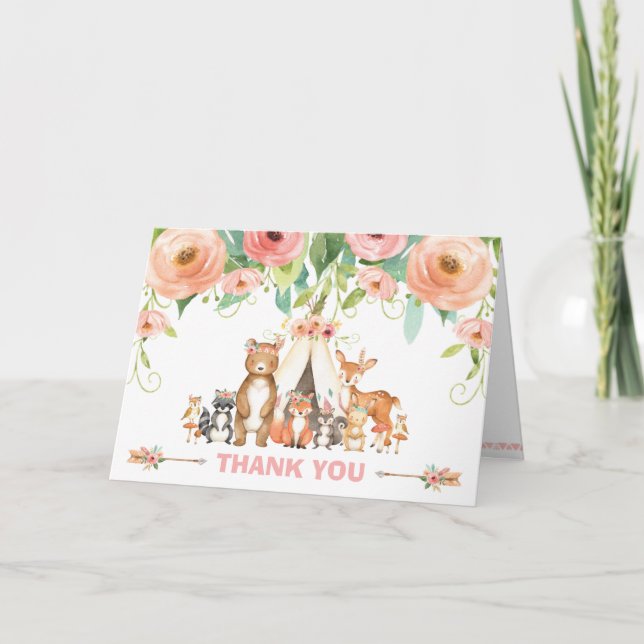 Tarjeta De Agradecimiento Moda Tribal Woodland Animales Baby Shower Cumpleañ (Anverso)