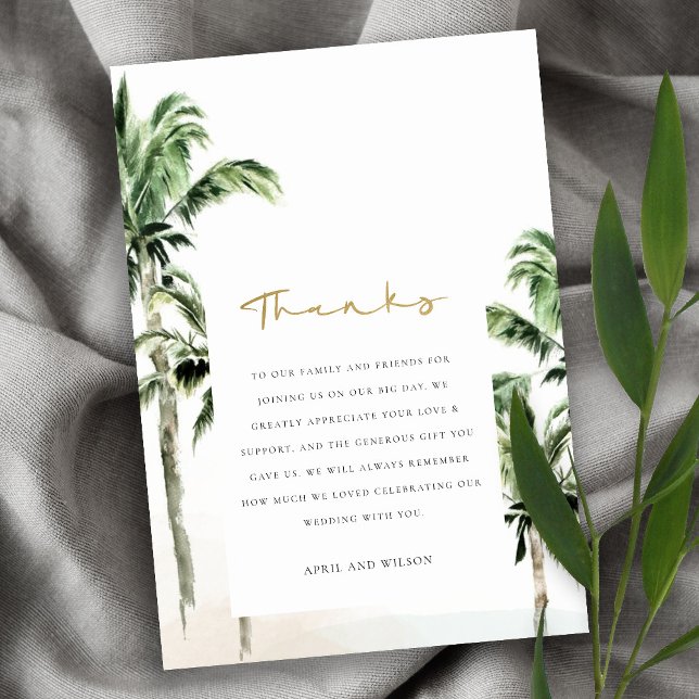 Tarjeta De Agradecimiento Moda Tropical Beach Palm Trees Boda acuarela (Subido por el creador)