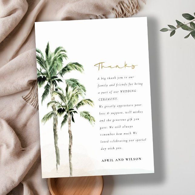 Tarjeta De Agradecimiento Moda Tropical Beach Palm Trees Boda acuarela (Subido por el creador)