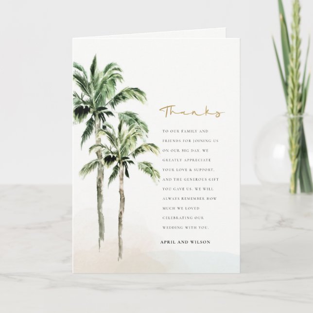 Tarjeta De Agradecimiento Moda Tropical Beach Palm Trees Boda acuarela (Anverso)