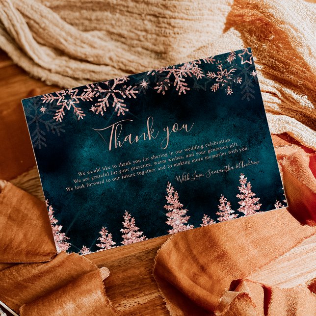 Tarjeta De Agradecimiento Moda verde azulado rosa de invierno boda de pino d (Chic teal Winter rose gold snow pine wedding Thank You Card)