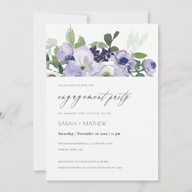 Tarjeta De Agradecimiento Moda Violet Purple Floral Leafy Engagement Invite (Anverso)