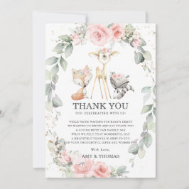 Tarjeta De Agradecimiento Moda Woodland Animals Floral Greenery Baby Shower