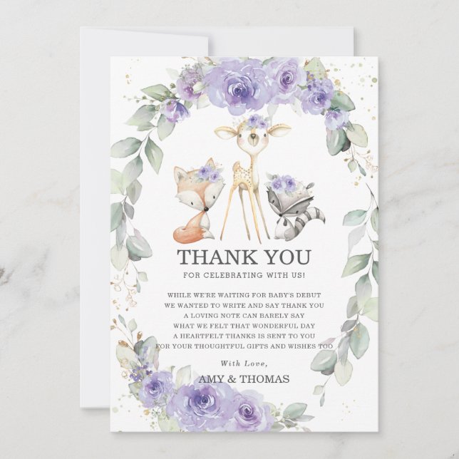 Tarjeta De Agradecimiento Moda Woodland Animals Floral Greenery Baby Shower  (Anverso)